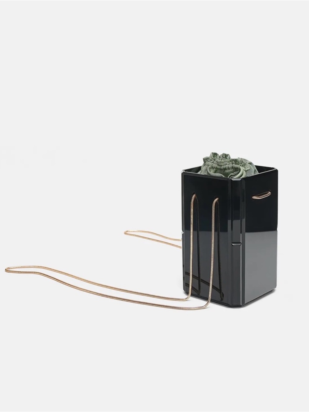 Zara Black Glossy Box Shoulder Bag with Olive Drawstring